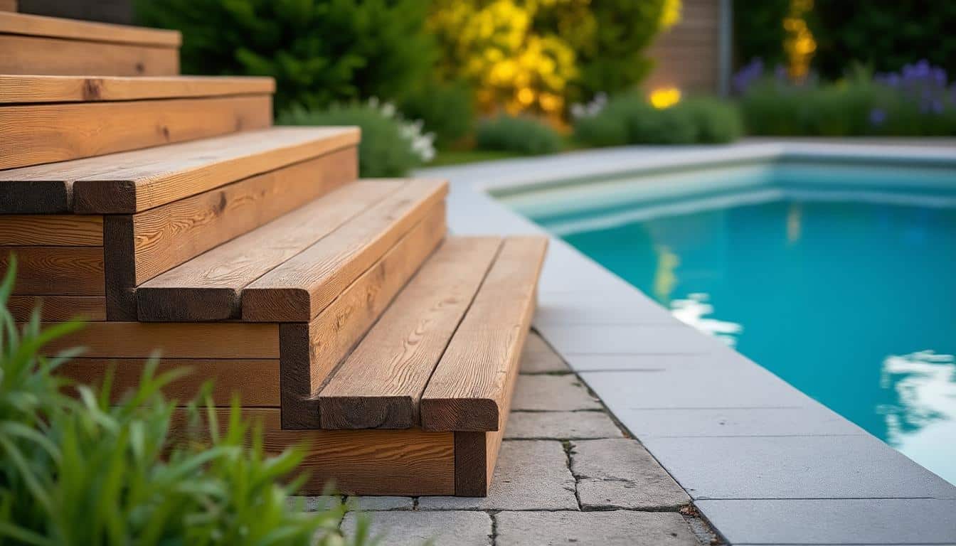 Illustration: Comprendre l’escalier en bois adapté aux piscines hors sol